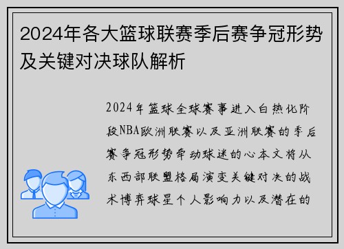 2024年各大篮球联赛季后赛争冠形势及关键对决球队解析